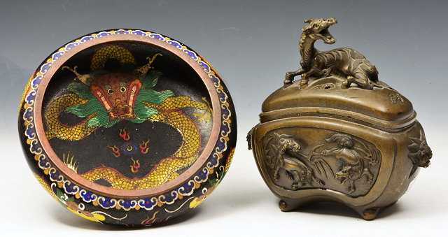 Appraisal: A CHINESE CLOISONNE SHALLOW BOWL with central dragon design cm