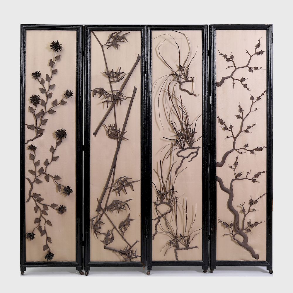 Appraisal: Japanese Style Metal-Mounted Four Panel Ebonized Screen Each panel mounted