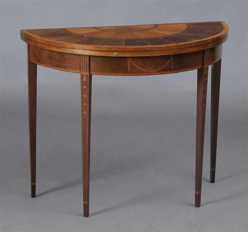 Appraisal: GEORGE III MAHOGANY AND SATINWOOD INLAID DEMILUNE GAMES TABLE The