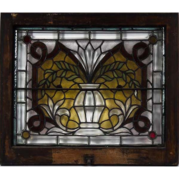 Appraisal: Stained leaded glass pub window with urn and leaf motif