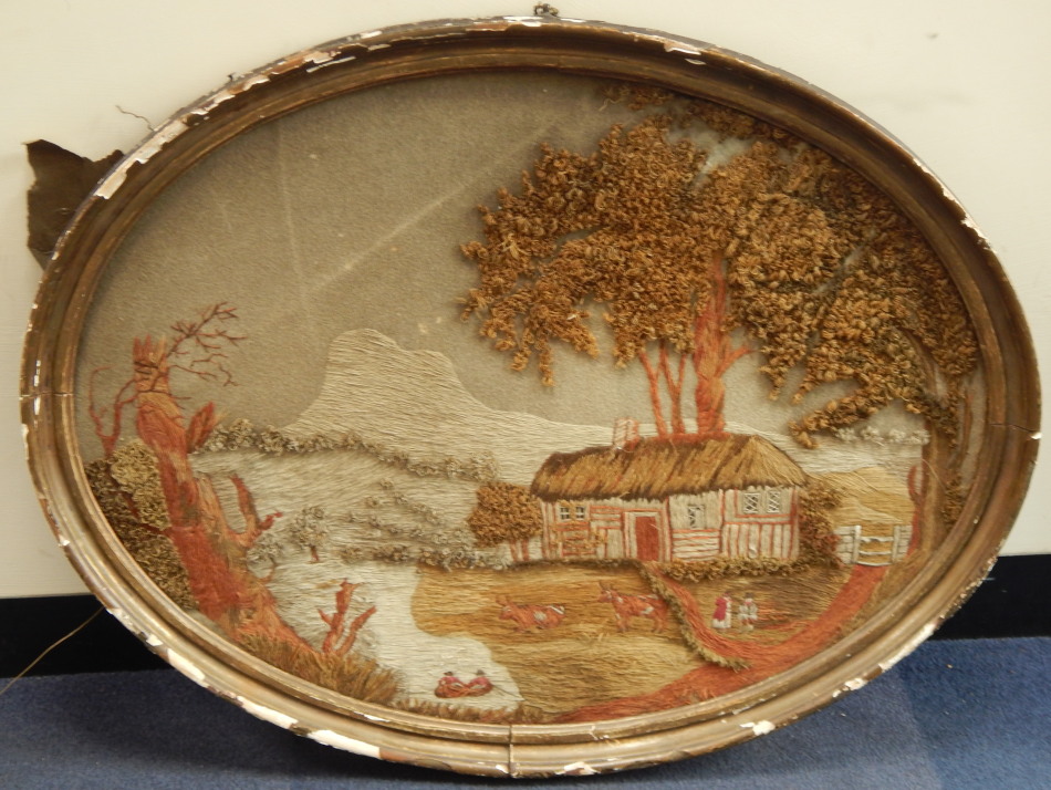 Appraisal: An early thC wool and needlework landscape picture depicting figures