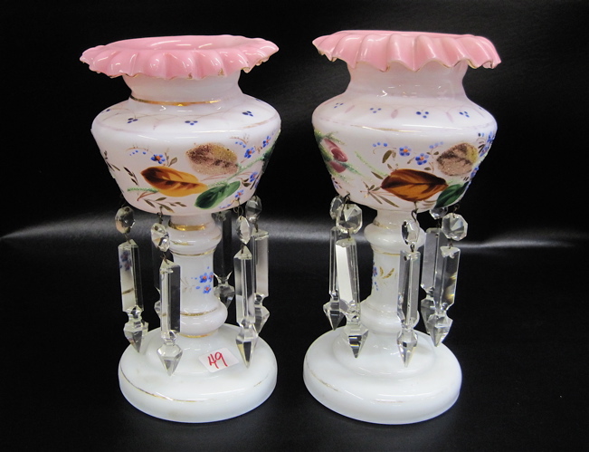 Appraisal: PAIR AMERICAN MILK GLASS LUSTRES having pink interior with hand