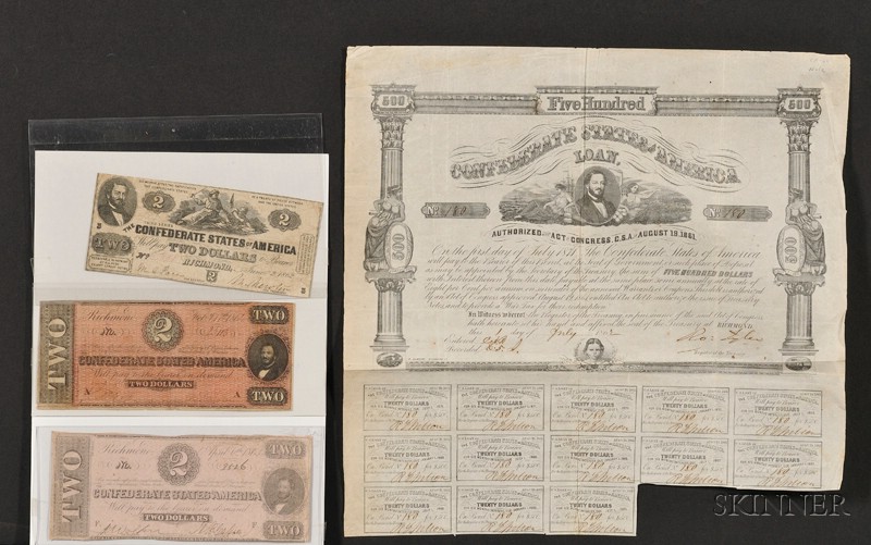 Appraisal: American Judaica Group of Confederate Currency and Bonds - each