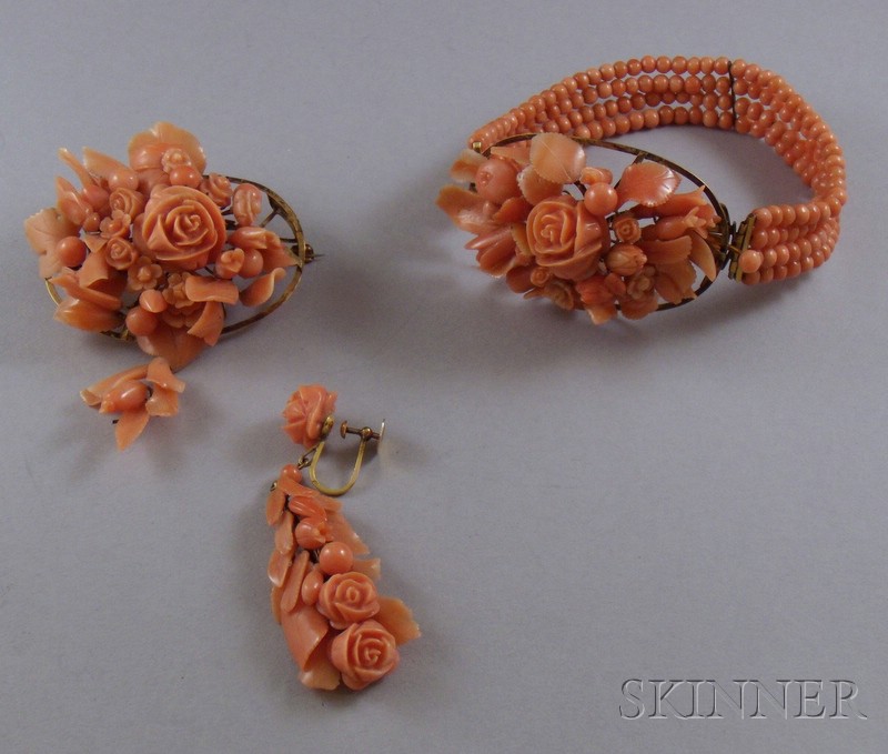 Appraisal: Three Pieces of Antique Coral Jewelry likely part of a