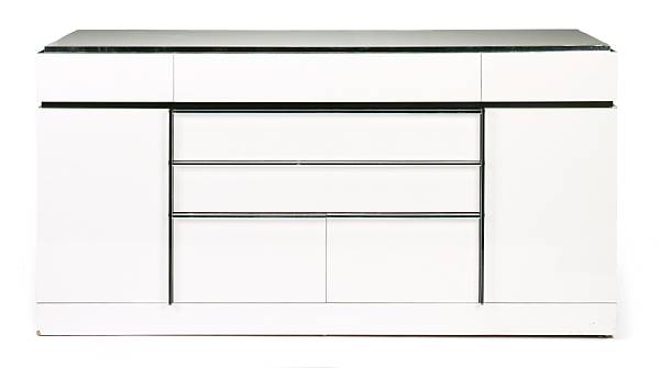 Appraisal: A white Formica acrylic and silvered-metal chest of drawers circa