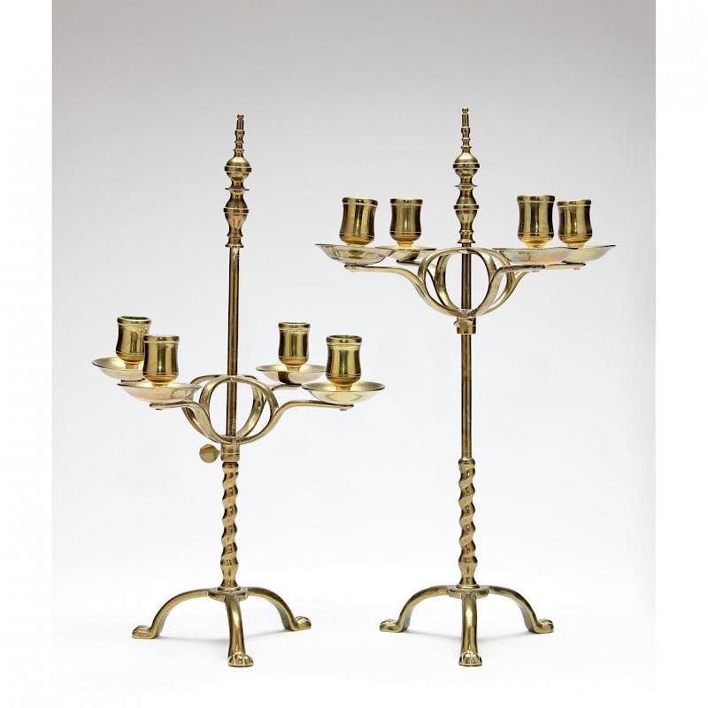 Appraisal: Pair of Brass Adjustable Candelabra th century twist standard four