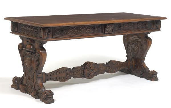 Appraisal: ITALIAN OR GERMAN RENAISSANCE REVIVAL CARVED MAHOGANY TABLE WITH ARCHBISHOP