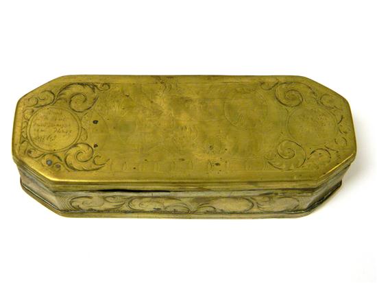 Appraisal: th th C Dutch tobacco box brass oblong with cut