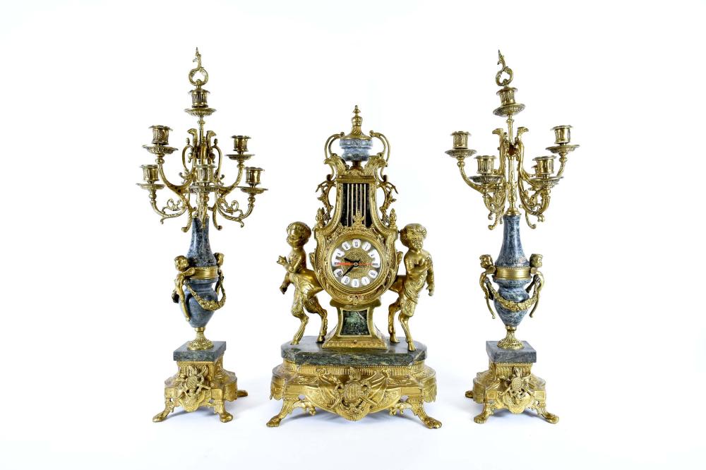 Appraisal: LOUIS XVI STYLE BRONZE MARBLE CLOCK GARNITURE th Century The