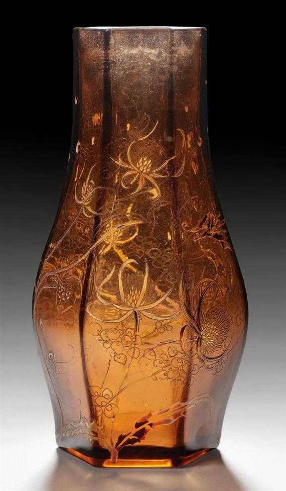 Appraisal: GALL MILE VASE circa Acid-etched and enamelled pink amber glass