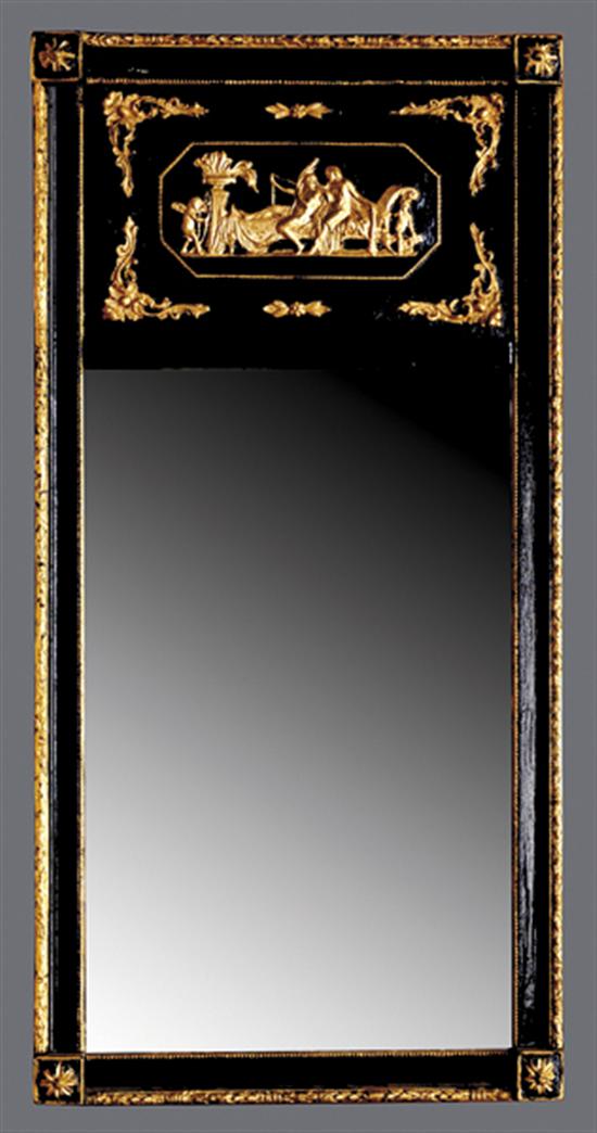 Appraisal: Grecian style black lacquer and gilt pier mirror th centuryrectangular