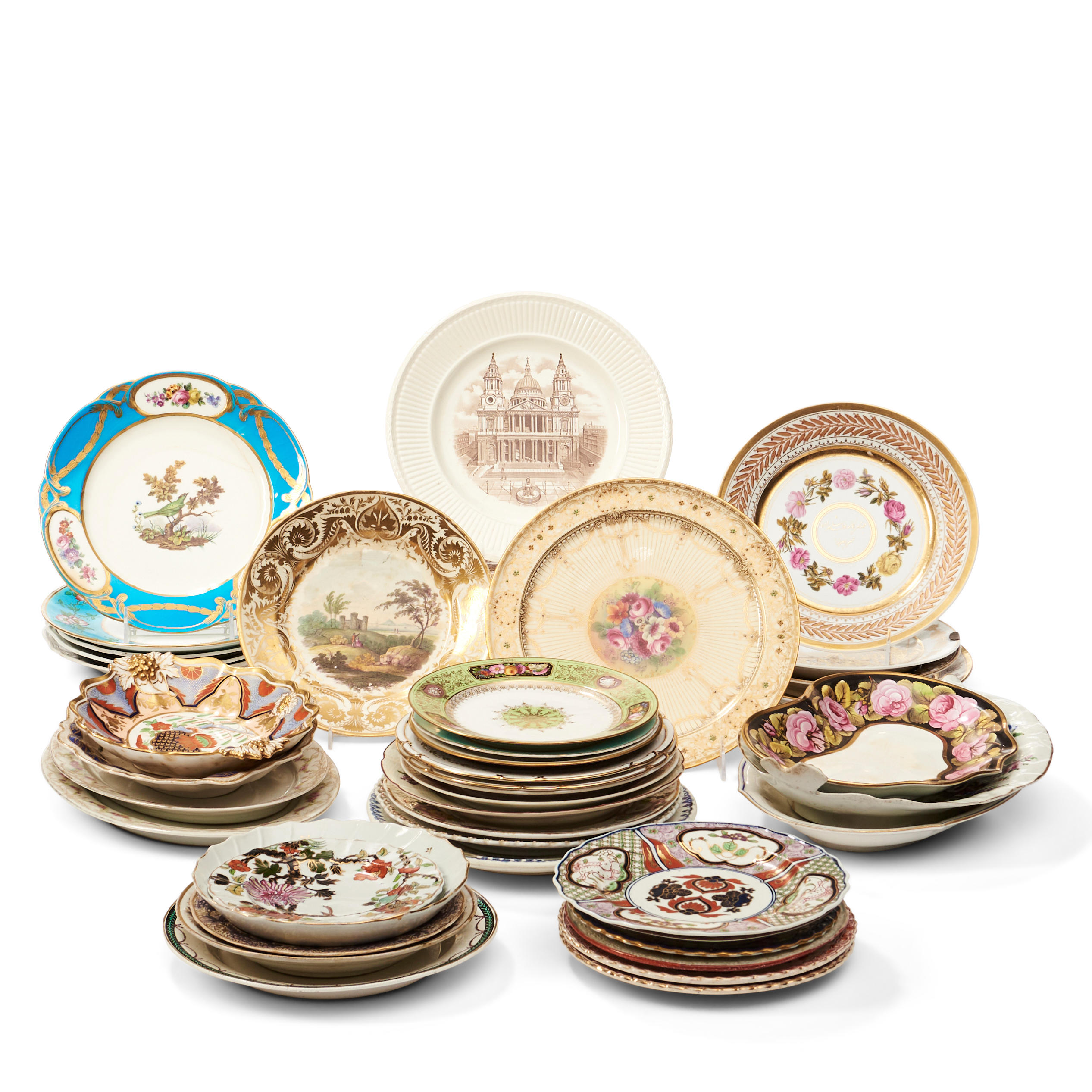 Appraisal: FIFTY-TWO ENGLISH AND CONTINENTAL PLATES AND DISHES including twelve Wedgwood