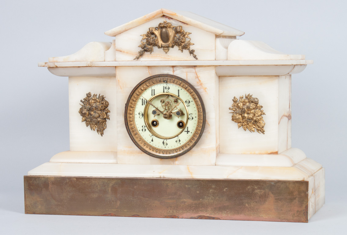 Appraisal: French Classical style onyx mantel clock dated temple-form gilt-metal-mounted clock