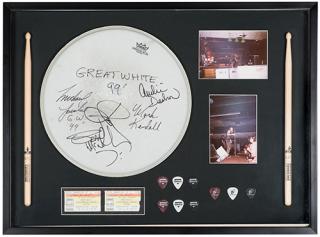 Appraisal: Great White Concert-Used Drum Head and Memorabilia Display Shadowbox display