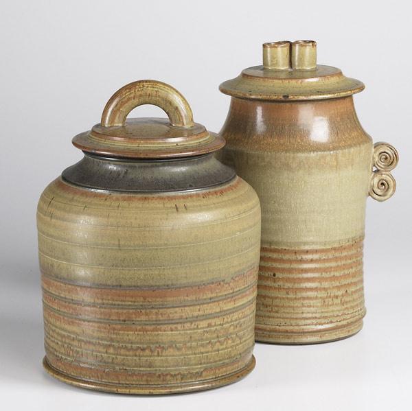 Appraisal: VAL CUSHING Two stoneware covered jars and pitcher Each signed