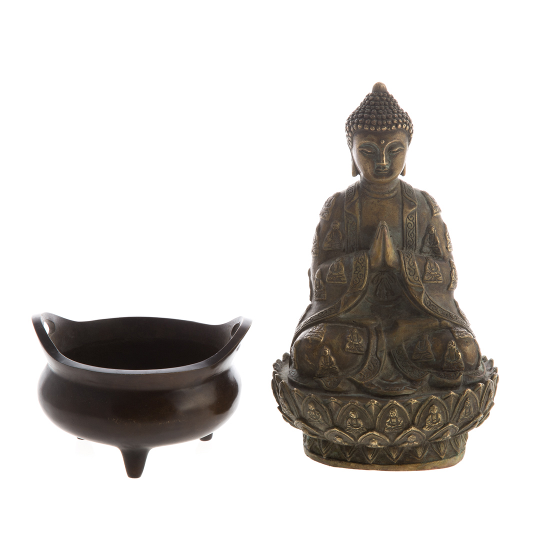 Appraisal: Chinese bronze Buddha and censor Buddha seated on lotus flower