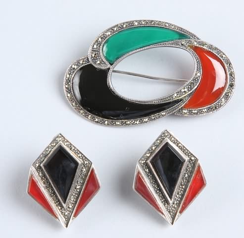 Appraisal: Black onyx green onyx carnelian and marchisite pin with clip