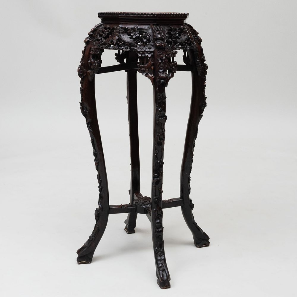 Appraisal: Chinese Carved Hardwood Stand With an inset marble top x