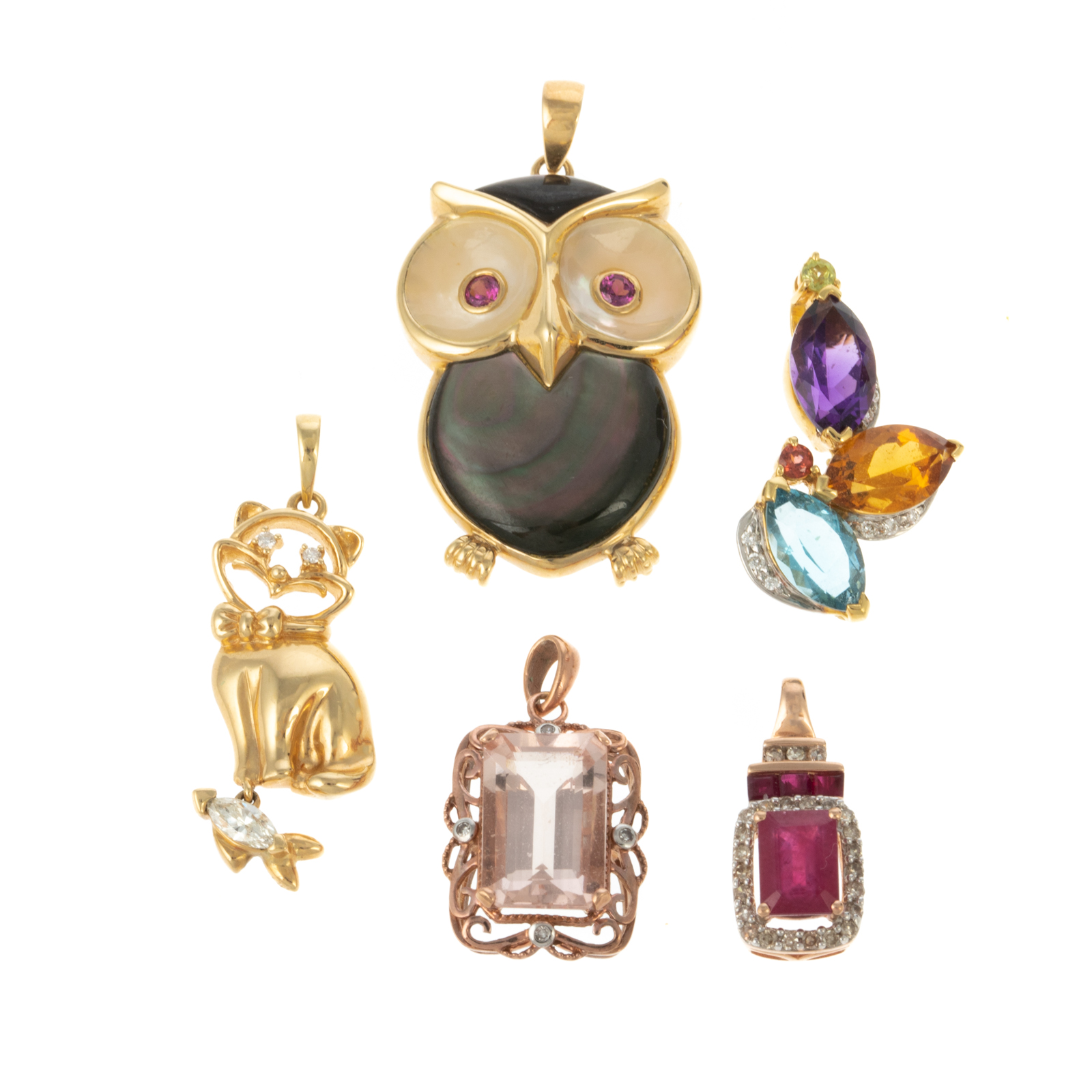 Appraisal: A COLLECTION OF GOLD GEMSTONE ANIMAL PENDANTS K yellow gold