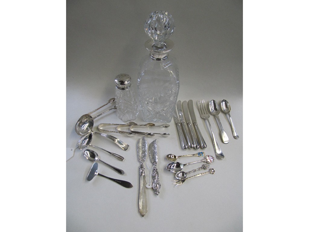 Appraisal: Lot comprising silver mounted decanter castor and assorted EP and