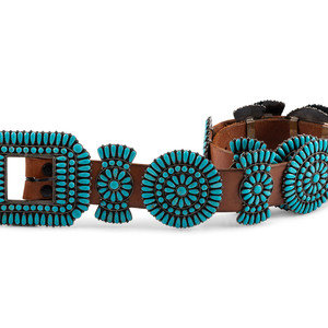 Appraisal: Navajo or Zuni Sterling Silver and Turquoise Cluster Concha Belt