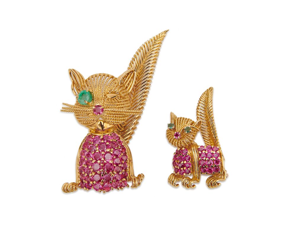 Appraisal: Two TIFFANY CO K Gold and Gemset Cat Brooches Two