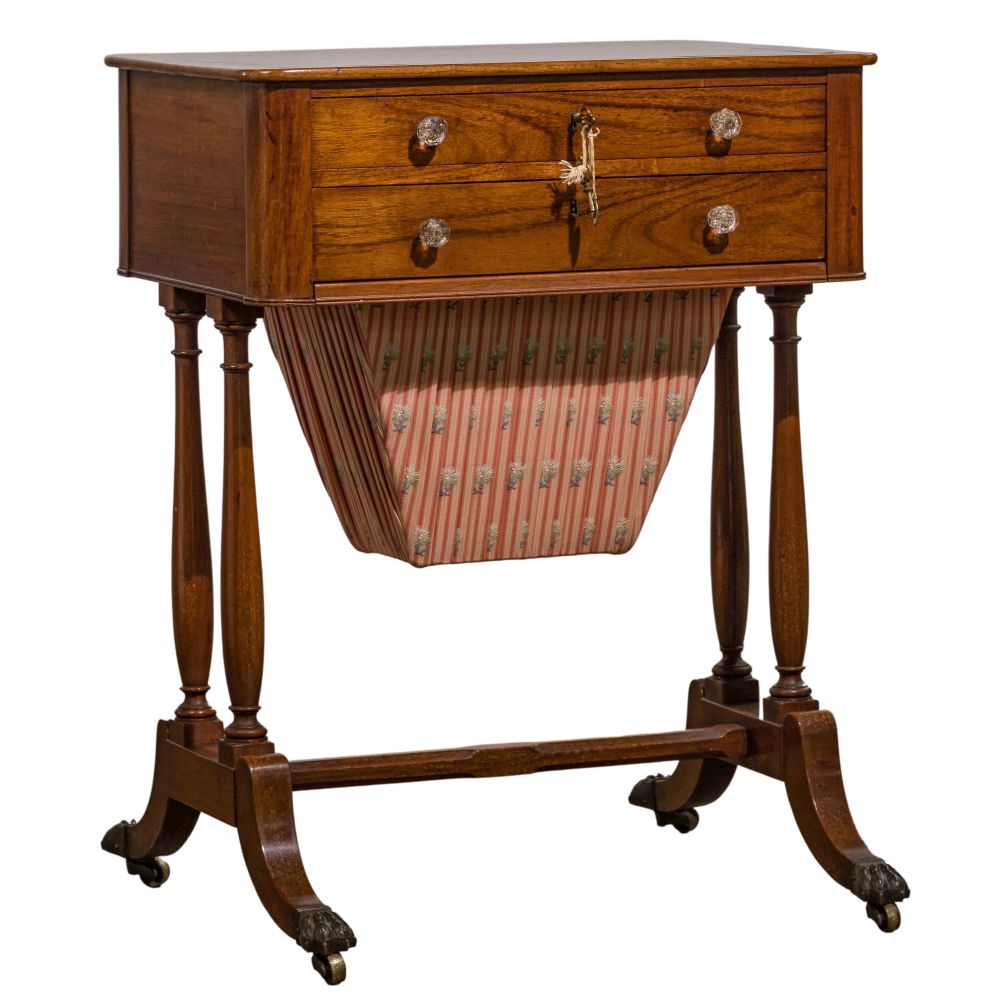 Appraisal: MAHOGANY SEWING TABLE th century having oak strip inlay to