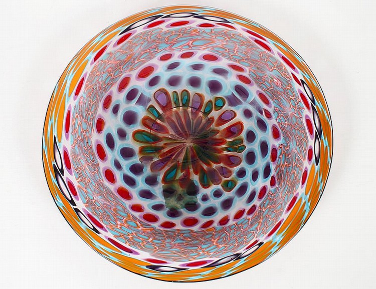 Appraisal: CONTEMPORARY COLORLESS FOOTED GLASS PLATTERSigned Jim Randall Numbered With multi-colored