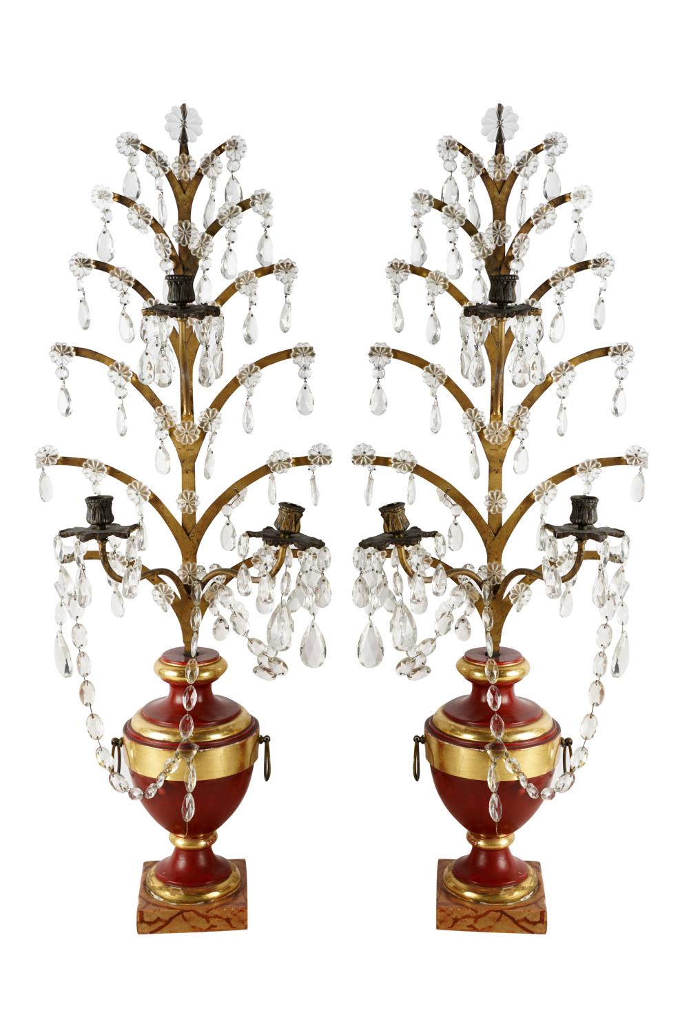 Appraisal: PAIR GILT METAL PAINTED WOOD GIRANDOLESeach with three lights the