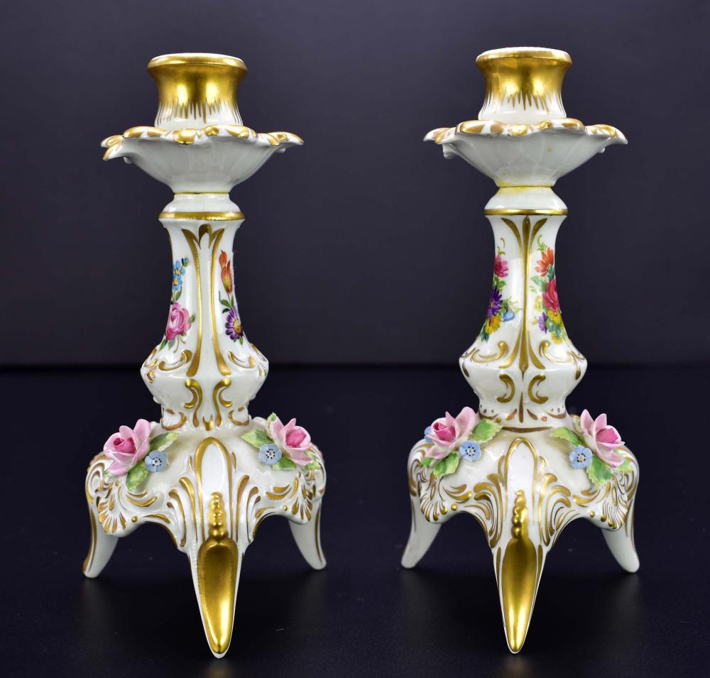 Appraisal: PAIR OF GERMAN PAINTED PORCELAIN CANDLESTICKSLate th Early th Century