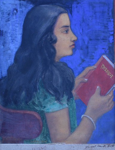 Appraisal: HINDU INDIAN GIRL READING WATERCOLOR '' x '' illegibly signed