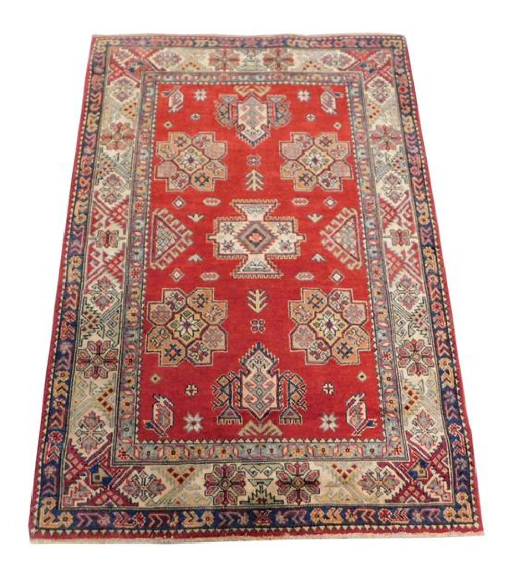 Appraisal: RUG Uzbek Kazak ' x ' hand-made wool angular geometric