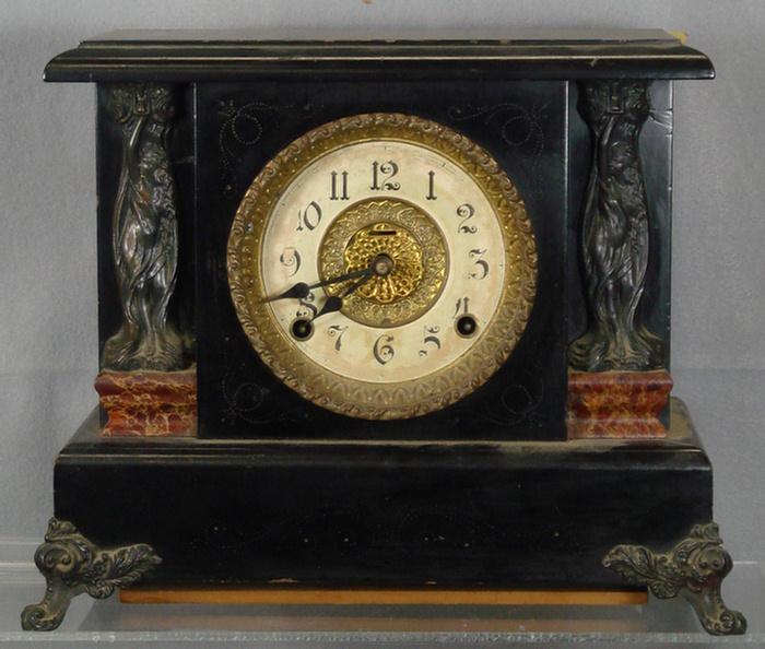 Appraisal: Gilbert black wood mantle clock missing glass in door art