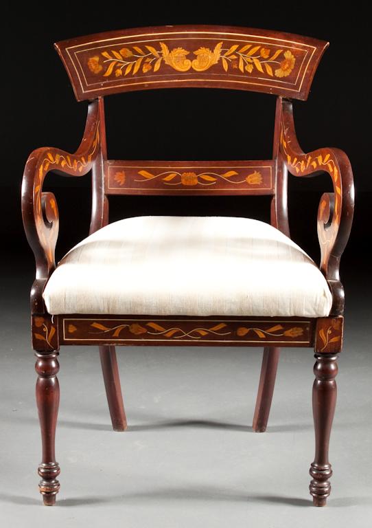 Appraisal: Anglo-Dutch style marquetry inlaid mahogany armchair late th century with