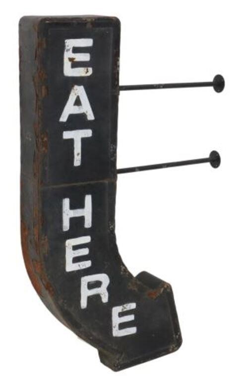 Appraisal: Architectural metal advertising sign arrow form reading eat here approx