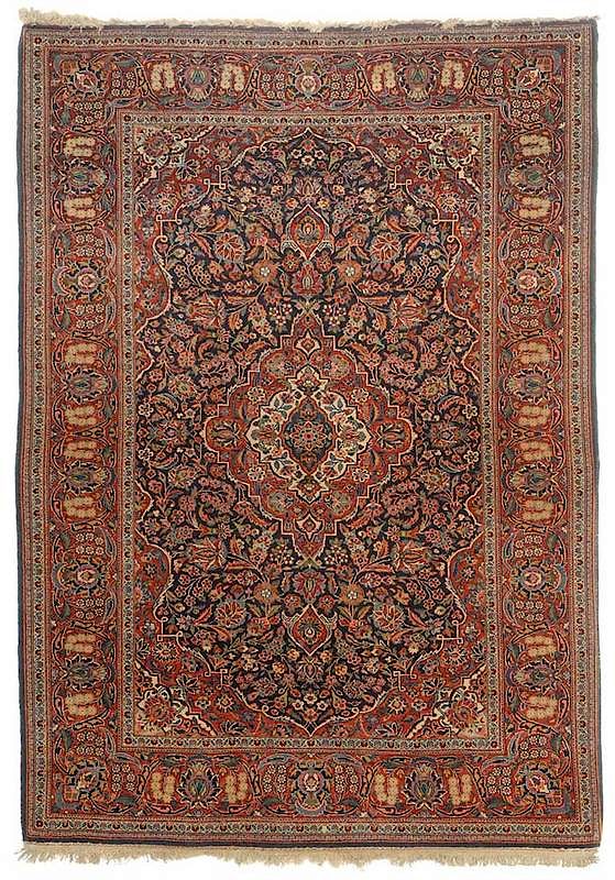 Appraisal: Kashan Rug floral central medallion on blue field rust colored