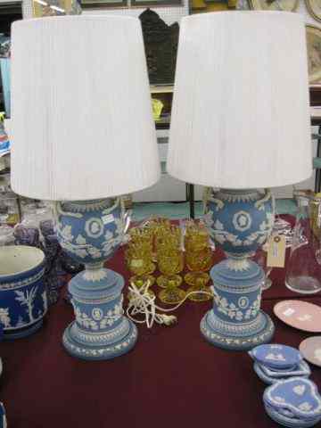 Appraisal: Pair of Wedgwood Blue Jasperware Lamps portraits in medallions surrounded