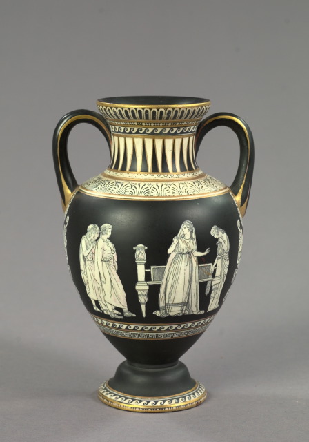 Appraisal: Fenton Staffordshire Parcel-Gilt Matte Black-Glazed White Figure Two-Handled Vase fourth