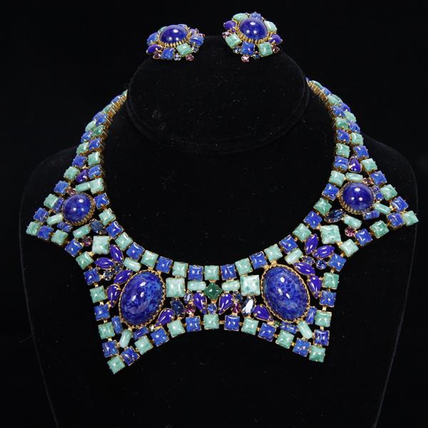 Appraisal: Scaasi Blue Green Costume Jewelry Collar Necklace Clip earrings