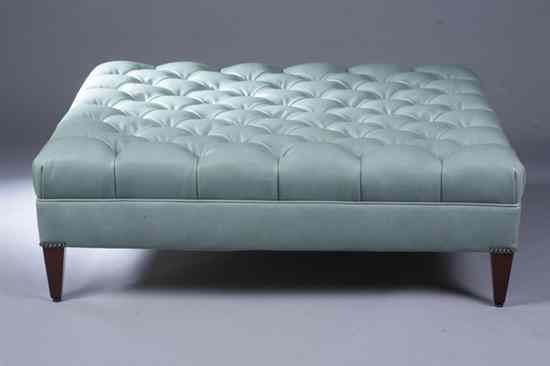 Appraisal: STEWART FURNITURE CONTEMPORARY PALE AQUA LEATHER-UPHOLSTERY SQUARE TUFTED OTTOMAN Large