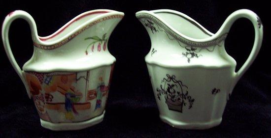 Appraisal: A New Hall ribbed jug painted Oriental interior scenes with