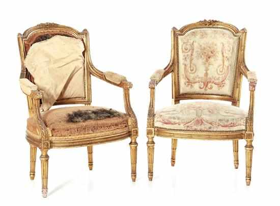 Appraisal: Pair Louis XVI style carved giltwood armchairs late th century