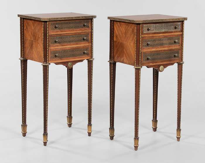 Appraisal: Pair French Parquetry Petit Commodes th century each with three