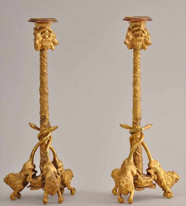 Appraisal: PAIR OF RENAISSANCE-STYLE GILT-BRONZE CANDLESTICKS Each spindle stem with spiral