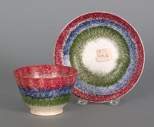 Appraisal: Red blue and green rainbow spatter cup and saucer th