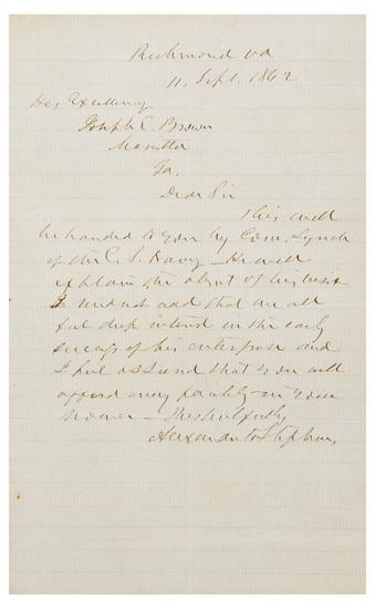 Appraisal: CIVIL WAR - STEPHENS Alexander Autograph letter signed to Governor