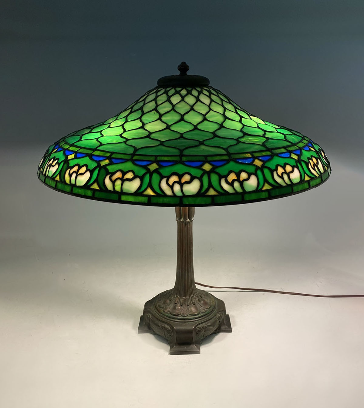 Appraisal: DUFFNER KIMBERLY WATERLILY LEADED GLASS LAMP Base numbered '' height