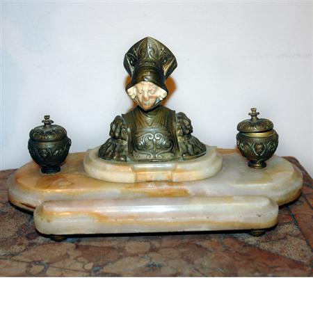 Appraisal: Art Deco Bronze Ivory and Onyx Figural Inkstand Estimate -