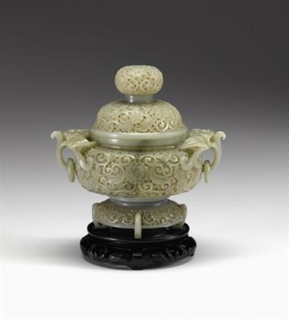 Appraisal: Fine Chinese celadon jade reticulated covered censer th century The