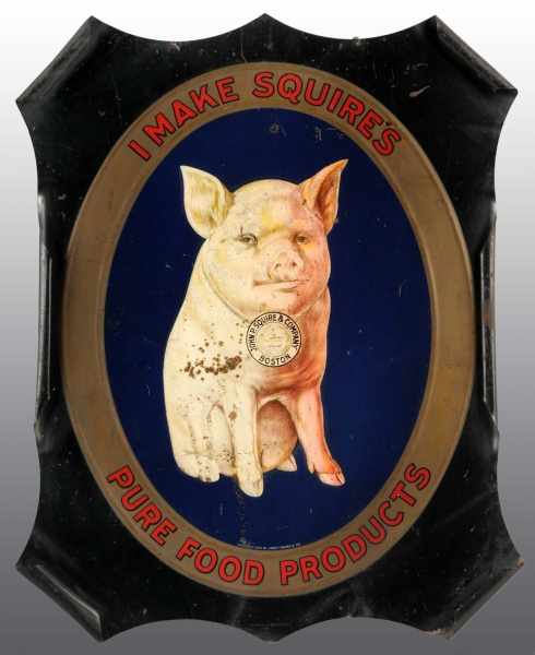 Appraisal: Tin Squires Advertising Sign with Pig Description All original Nice